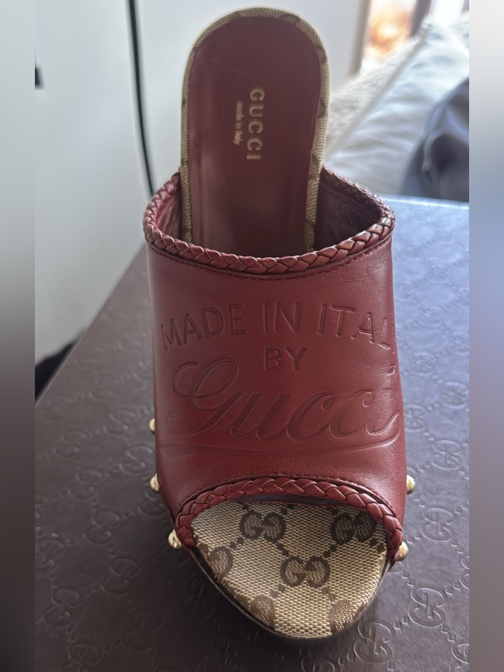Gucci Red Leather Open-Toe Mule with Monogram Canvas